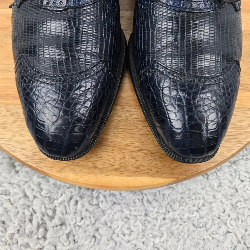 David Eden Mens 9 Navy Alligator Lizard Exotic Cap Toe Fashion Oxford Dress Shoe